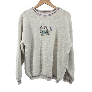 Northern Reflections Sweater Women Large Cream Vintage 90s Embroidered Bird Knit